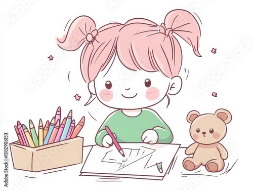 Happy Girl Drawing with Colored Pencils and Teddy Bear