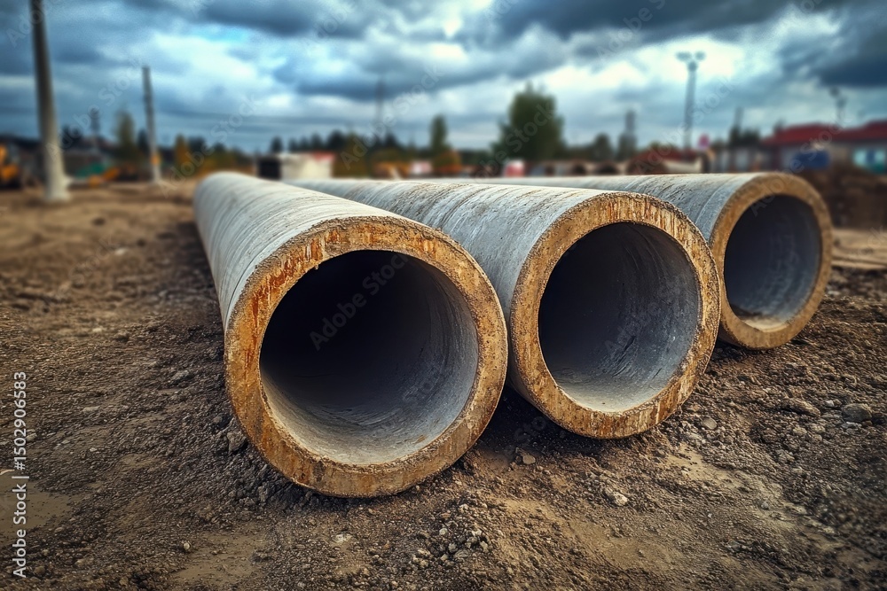 Large Concrete Pipes at a Construction Site Under a Cloudy Sky Large Concrete Pipes at a Construction Site Under a Cloudy Sky