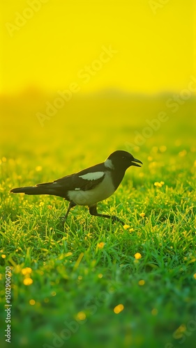 A black and white bird is captured mid-stride in a verdant field, its beak open as it traverses the lush grass dotted with yellow flowers, bathed in the soft glow of the setting sun.