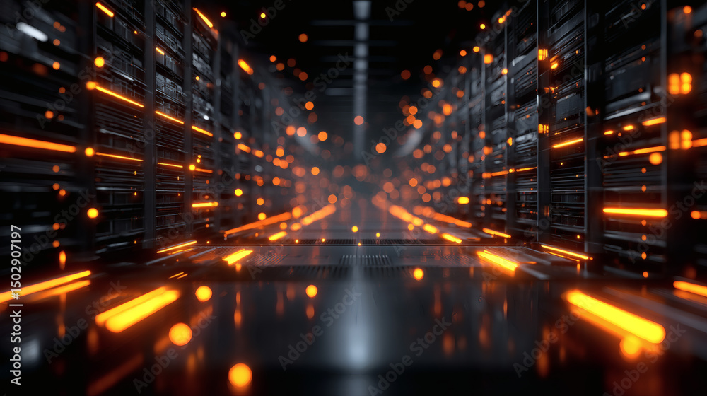 Obraz premium A futuristic server room with glowing orange lights and digital particles creating a high-tech, immersive atmosphere.