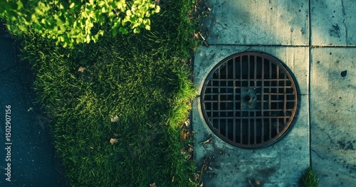 Wallpaper Mural Overhead View of Metal Grate in Concrete Beside Green Vegetation Torontodigital.ca