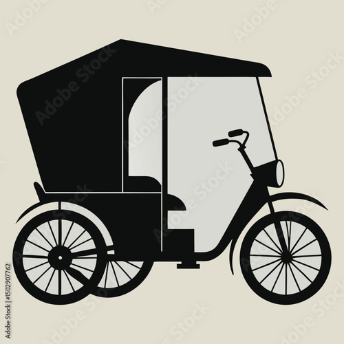 Vintage black and white motorized rickshaw illustration