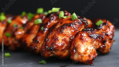Succulent grilled chicken covered in a rich, savory glaze garnished with fresh green onions, symbolizing culinary delight and mouth-watering indulgence for food lovers. photo