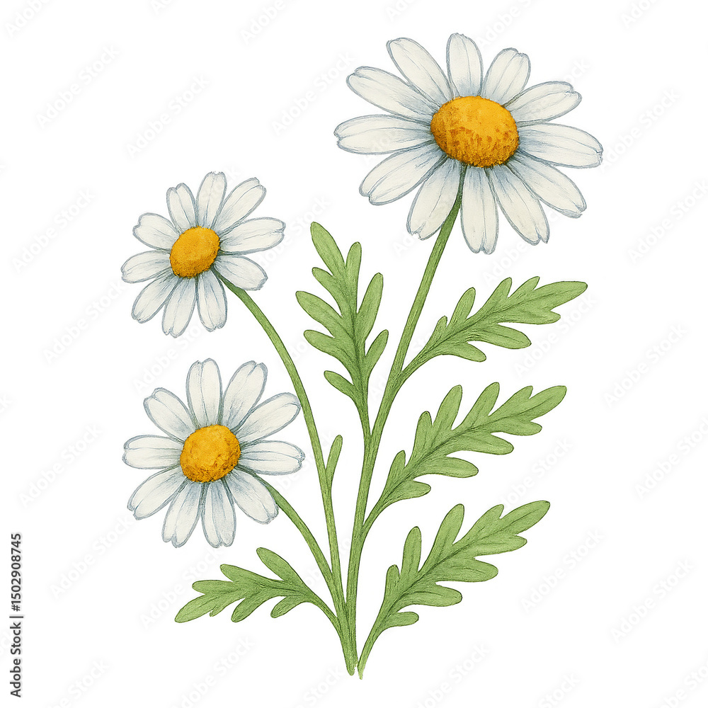 Fototapeta premium Delicate Beauty: A serene depiction of three graceful daisies, their pristine white petals embracing a warm golden center, poised against a serene backdrop that enhances their pristine beauty.