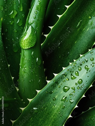 Close-up of a green aloe vera plant with water droplets on its leaves. the leaves are long and slender, with a pointed tip and serrated edges.