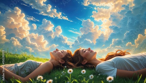 Two women with auburn hair lie peacefully in a vibrant green field, gazing up at a breathtaking sky filled with fluffy clouds. A serene atmosphere is created by the soft light and pastel colors.