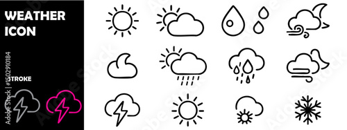 Weather Icons in Line Style – Cloud, Sun, Rain, and Storm Symbols