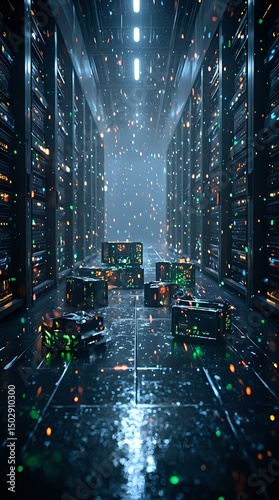 The image is a digital rendering depicting a dimly lit, server-filled hallway, with various green and black server racks and glowing lights creating a technological ambiance.