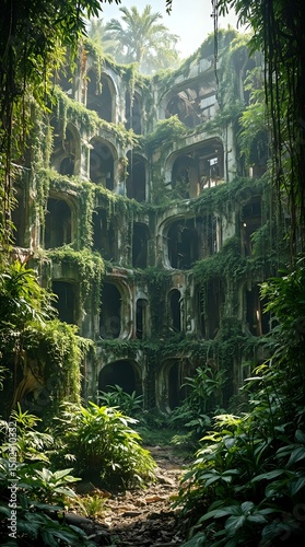 The image depicts an ancient, multi-level building cloaked in vines and moss, nestled within a dense jungle.