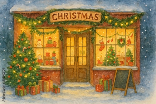 A christmas shop front with decorated trees gifts and lights in a snowy winter wonderland scene