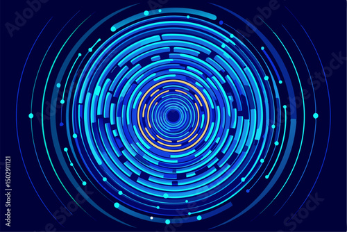 Futuristic abstract technology background featuring glowing concentric circles, radial lines, and blue neon dots on a dark gradient backdrop. Ideal for high-tech
