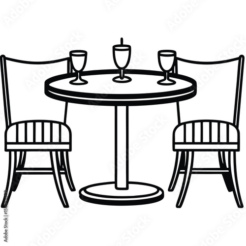 A simple line drawing of a circular dining table with three drinks on it, surrounded by two wooden chairs with slatted backs. The table is centered and supported by a single pedestal base. 