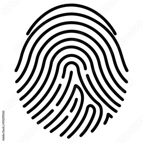 A black line drawing of a human fingerprint, featuring a series of curved lines and loops that create an intricate pattern. The design is bold and stylized, emphasizing the unique ridges and valleys 