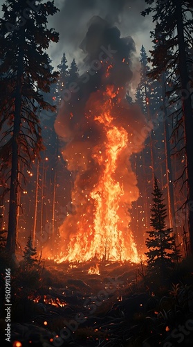An artistic digital rendering depicts a forest engulfed by a raging wildfire, with intense flames and thick smoke billowing through the trees.