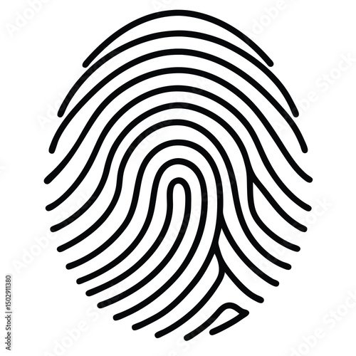A black line drawing of a human fingerprint, featuring a series of curved lines and loops that create an intricate pattern. The design is bold and stylized, emphasizing the unique ridges and valleys 