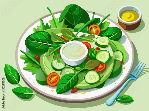 vector of A vibrant green salad with fresh spinach, cucumber and avocado is beautifully presented on a white plate. Along with the salad, a light yogurt sauce, ideal for health...