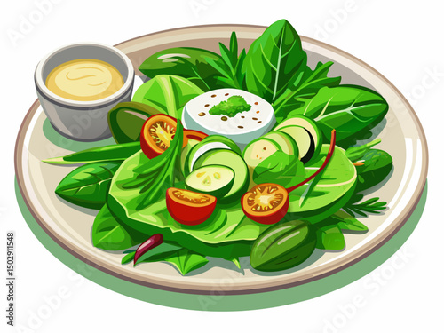 vector of A vibrant green salad with fresh spinach, cucumber and avocado is beautifully presented on a white plate. Along with the salad, a light yogurt sauce, ideal for health...