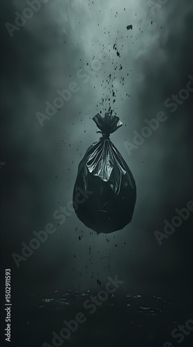 The image depicts a black garbage bag suspended in a dark, cloudy atmosphere with particles flying upwards, creating a sense of turbulence or movement.