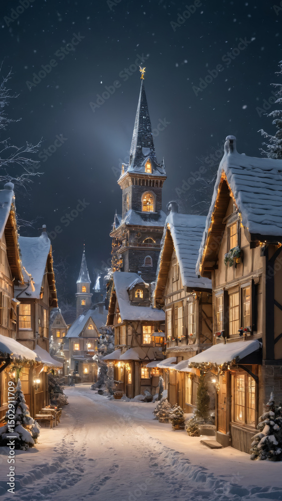 Obraz premium Magical Snow-Covered Christmas Village at Night with Glowing Windows and Chimney Smoke, Soft Falling Snow and Warm Holiday Lights in a Fairy-Tale Winter Scene