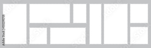 Rectangular perforated labels. Collection blank post stamps. Postage frames set. Empty postal stamp. Borders for mail letter. White paper postmarks isolated on gray background. Vector illustration