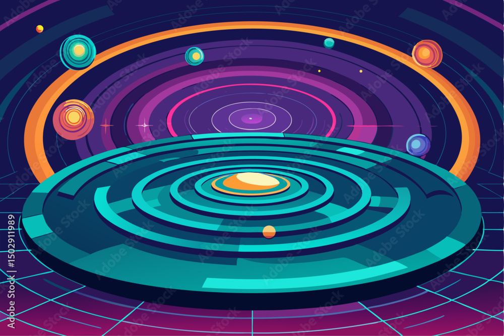 Fototapeta premium Futuristic abstract technology background featuring glowing concentric circles, radial lines, and blue neon dots on a dark gradient backdrop. Ideal for high-tech