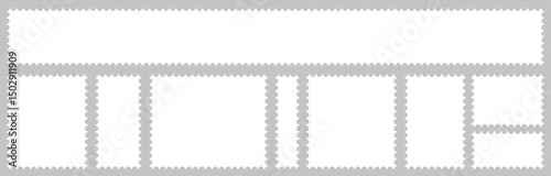 Rectangular perforated labels. Collection blank post stamps. Postage frames set. Empty postal stamp. Borders for mail letter. White paper postmarks isolated on gray background. Vector illustration