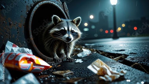 A raccoon peers out from a dark metal pipe on a rain-slicked city street at night. The urban setting contrasts with the wild animal, creating a compelling image.