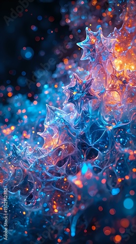 The image presents a vibrant, abstract digital artwork featuring intricate, star-like patterns composed of translucent, translucent shapes interspersed with vivid hues of blue, orange, and purple.