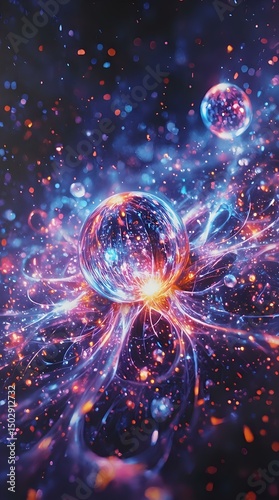 The image features a digital artwork with a glowing sphere in the center, surrounded by a swirling, cosmic energy that resembles a galaxy or nebula.
