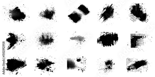 Vector collection of artistic grungy black paint hand made creative brush splash set isolated on white background. A group of abstract grunge sketches for design education or graphic art decoration