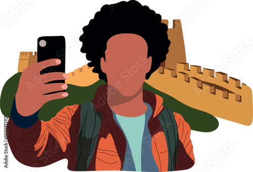 Selfie with Great Wall China.Capture timeless moments with selfies at iconic historical places across the globe.