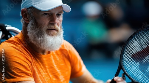 An intense moment captured of an athlete with a beard preparing for a tennis match, showcasing determination and focus in the world of competitive sports. photo