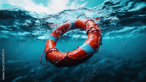 A striking image of a life ring submerged in blue ocean waters, symbolizing safety and hope amidst the vast, powerful sea environment.