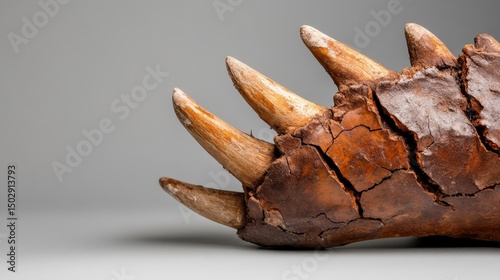A close-up view of a vintage claw fossil displayed against a light background, highlighting its aged texture and intricate details, symbolizing a connection to the past.