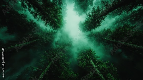 A captivating view of towering trees disappearing into a thick fog, creating an enchanting and serene atmosphere that invites exploration and introspection.