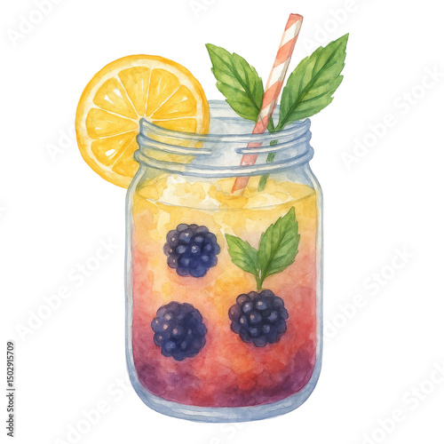 Zesty Citrus Delight: A refreshing beverage, showcasing a vibrant blend of citrus fruits and fresh berries in a beautifully illustrated mason jar, promising a taste of pure refreshment and indulgence.