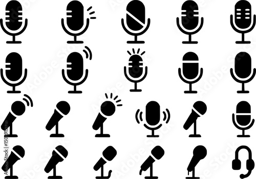 A collection of diverse microphone icons, showcasing different states and functionalities.
