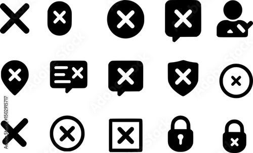 A collection of various rejection icons, including crosses, circles, speech bubbles, shields, and lock icons.