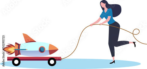 innovation or invention concept, businessman pull new creative rocket. Entrepreneur initiative idea, ambition to push effort to success, start new business or company with creativity development