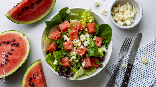 A fresh salad dish, prominently featuring watermelon chunks mixed with green lettuce leaves