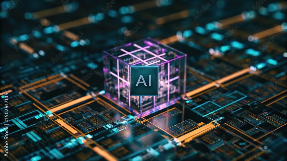 Obraz premium Artificial intelligence block prominently displays AI over intricate computer hardware network components now