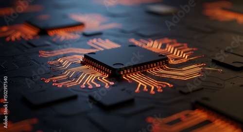 Close-up of a glowing CPU chip on a dark circuit board.