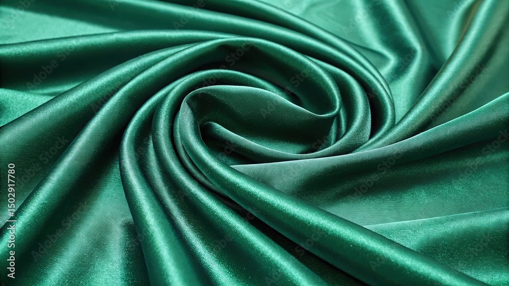 Obraz premium Emerald green silk fabric is elegantly draped with a swirling pattern for texture
