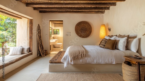 Neutral bedroom with beige bedding and warm-toned pillows. Wood accents, woven decor, and natural textures complete the scene