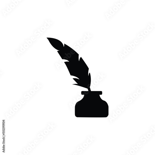 Creative inkpot with feather pen silhouette vector art illustration.