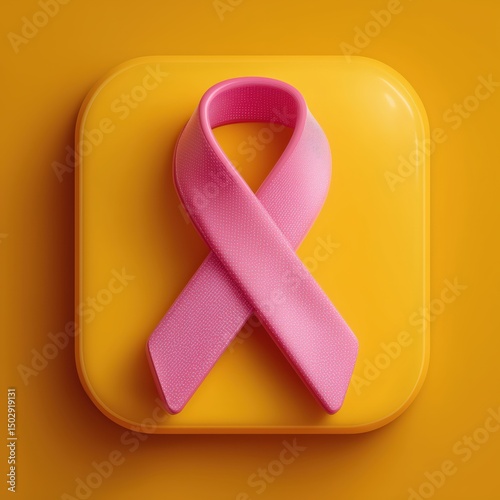 3D Rendering Pink ribbon symbol on a vibrant yellow background, representing awareness and support for various causes. Sosial media style icon