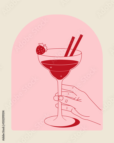 Minimalist illustration of a female hand holding a cocktail with a strawberry and straws in a pink palette. Perfect for summer, party, and bar-themed designs.