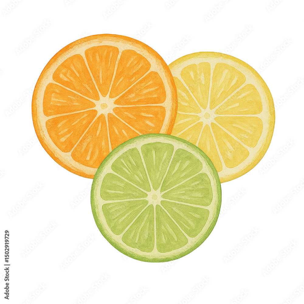 Obraz premium Citrus Burst: A vibrant arrangement of sliced citrus fruits showcases the juicy allure of a zesty orange, a bright lemon, and a tangy lime. It's a burst of fresh, natural flavor and a visual feast.