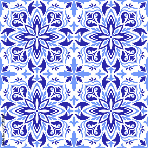 Seamless pattern in blue colors, white background. Ethnic mosaic design. Traditional motifs. Floral ornament, print for home textile or ceramic. Vector illustration