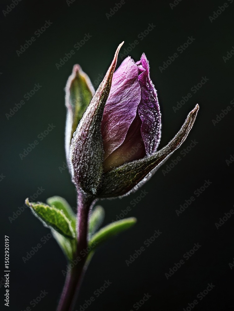 Fototapeta premium Close-up of a single rose bud. the bud is in the process of opening, with the petals slightly curled and the center a deep purple color.